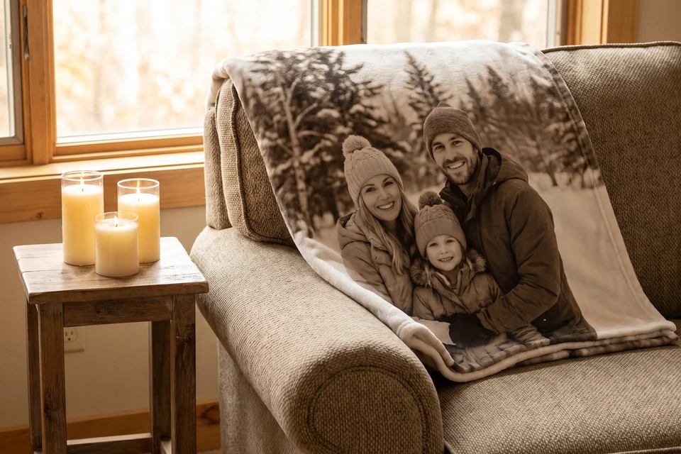 Fotodecke mit Familienfoto auf einem Sessel neben Kerzen