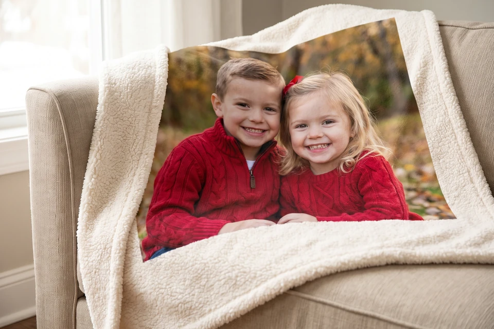 Fotodecke mit Enkelfoto auf einem Sofa