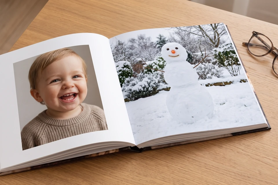 Aufgeschlagenes Fotobuch mit Enkelfotos neben einer Brille