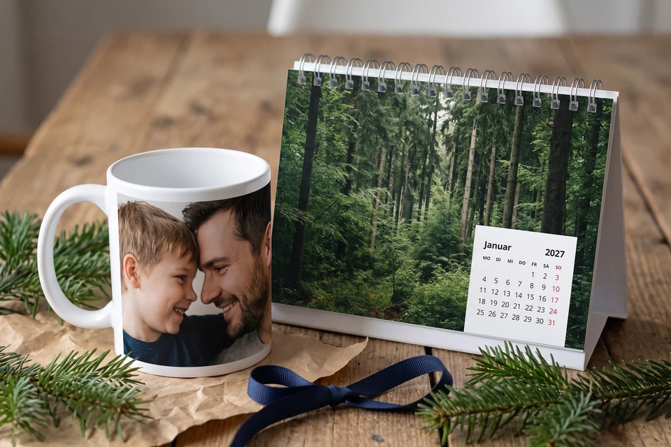 Fototasse und Tischkalender als Geschenk für Papa verpackt