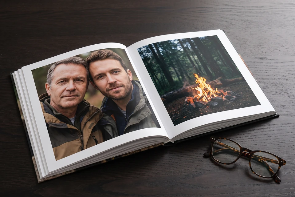 Aufgeschlagenes Fotobuch mit Fotos von Vater und Sohn beim Wandern