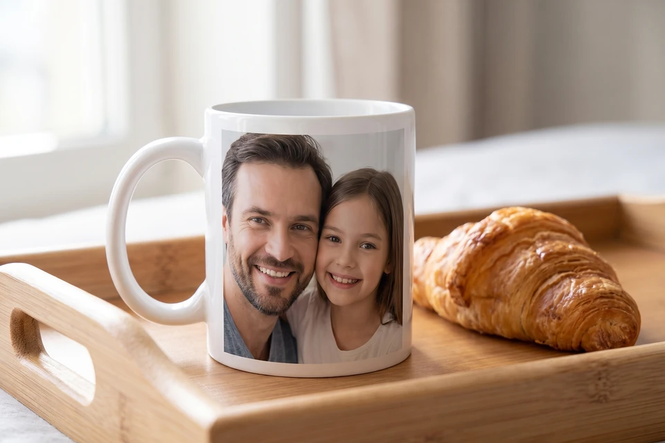 Fototasse mit Foto von Vater und Tochter auf einem Frühstückstablett
