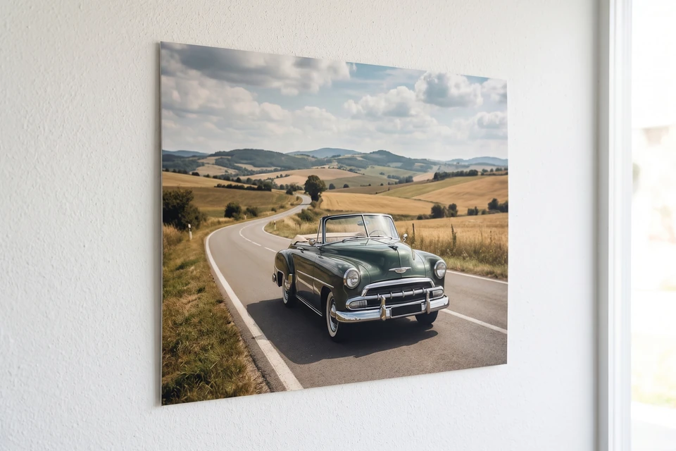 Fotoposter mit Foto eines Oldtimers an einer Garagenwand