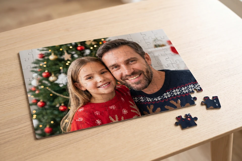 Fotopuzzle mit Foto von Vater und Tochter vor dem Weihnachtsbaum