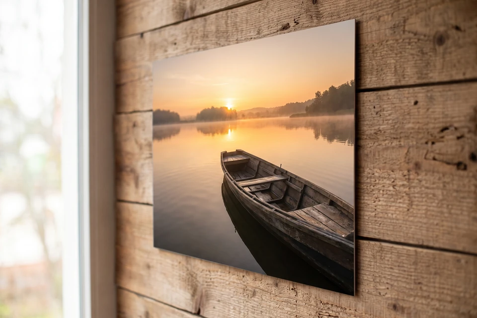 Poster mit Foto eines Fischerboots an einer Holzwand