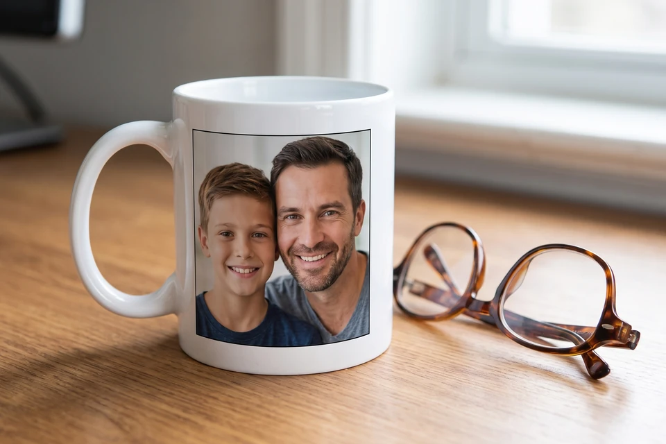 Fototasse mit Foto von Vater und Sohn neben einer Brille