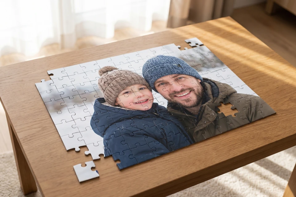 Fotopuzzle mit Foto von Vater und Sohn im Schnee