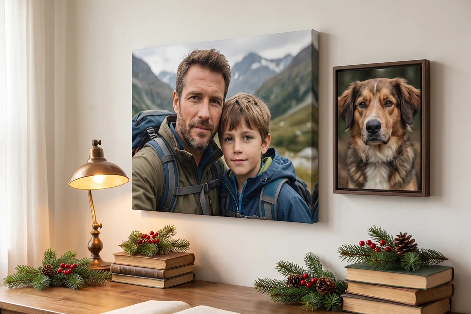 Arbeitszimmer mit Leinwand und Foto im Schattenfugenrahmen