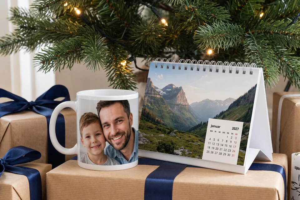 Weihnachtsgeschenke für Papa mit Fototasse und Tischkalender