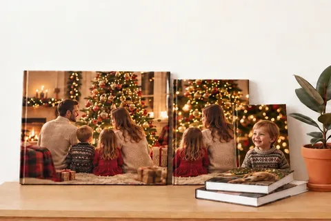 Fotobücher mit Weihnachtsfotos der Familie auf einem Regal