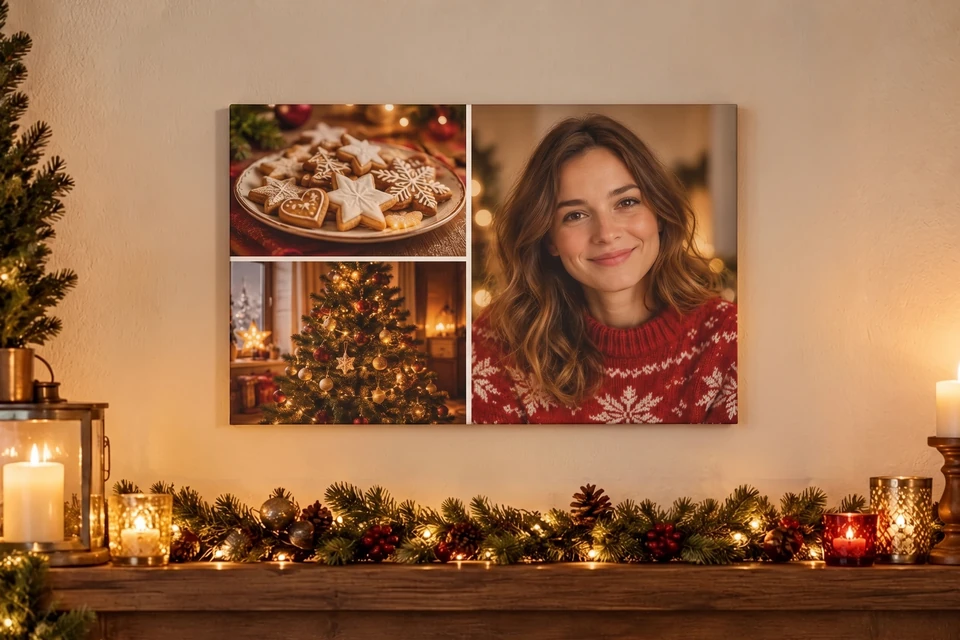 Fotocollage auf Leinwand mit Plätzchen, Weihnachtsbaum und Porträt im Weihnachtspullover über dem Kamin