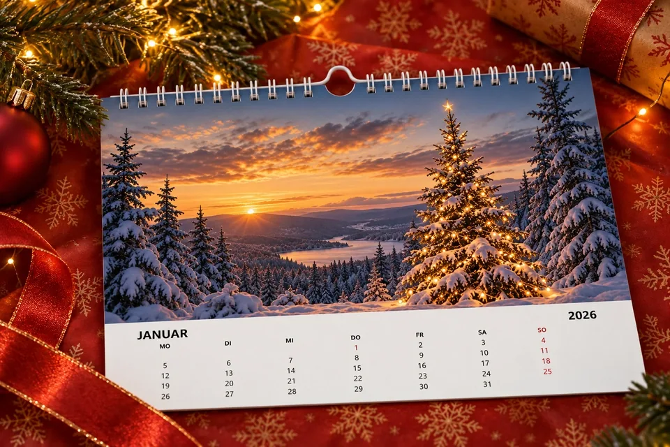 Fotokalender 2026 mit Winterlandschaft zwischen Weihnachtsgeschenkpapier
