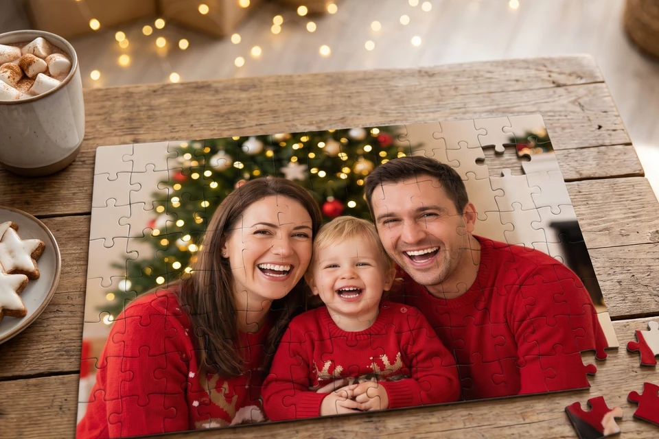 Fotopuzzle mit Familienfoto im Weihnachtspullover vor dem Weihnachtsbaum