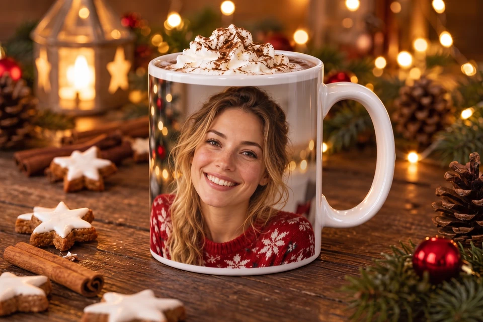 Fototasse mit Porträt im Weihnachtspullover, gefüllt mit Kakao und Sahne