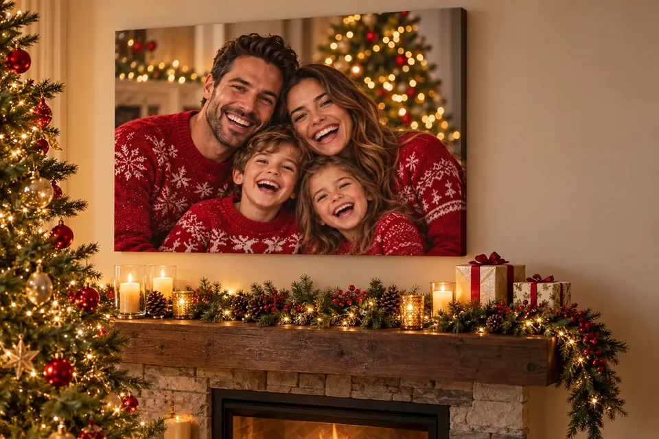 Familienfoto als Leinwand über dem Kamin zu Weihnachten