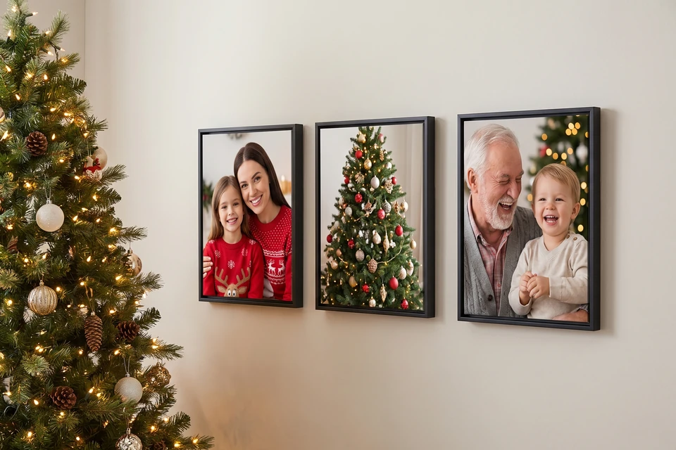 Weihnachtsfotos in schwarzen Schattenfugenrahmen an der Wand neben dem Weihnachtsbaum