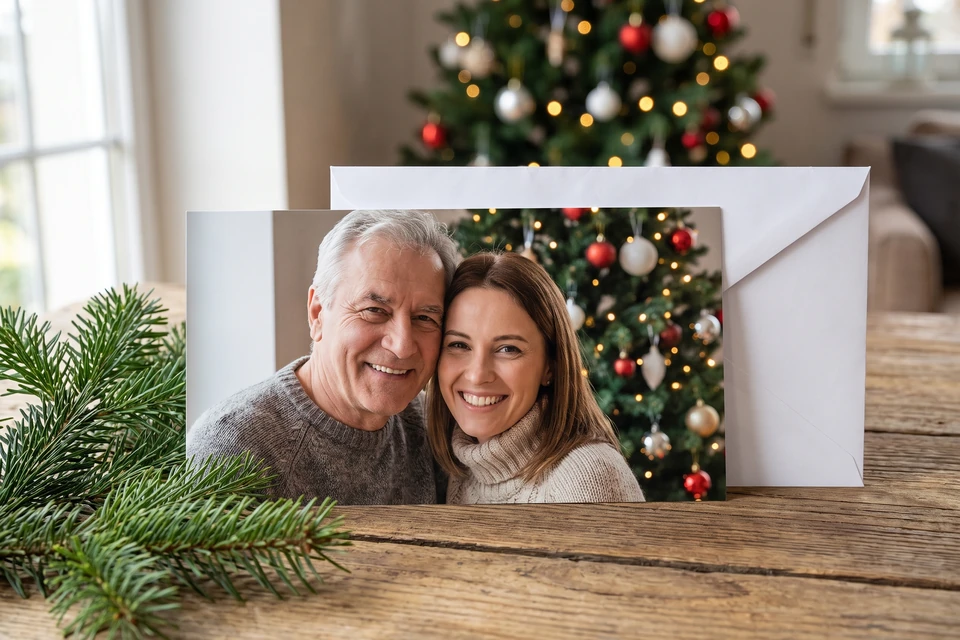Fotogrußkarte mit Familienfoto und Umschlag