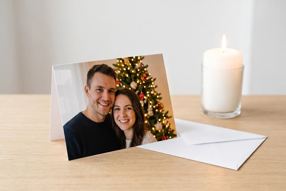 Fotoklappkarte mit Paarfoto auf einem Tisch
