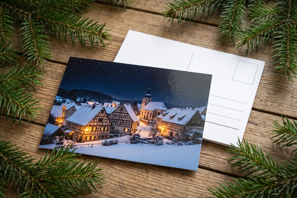 Fotopostkarte mit Winterfoto und Rückseite