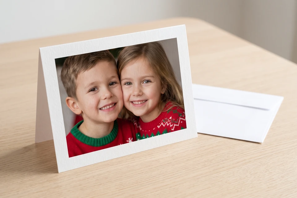 Fotoklappkarte mit Foto von zwei Kindern