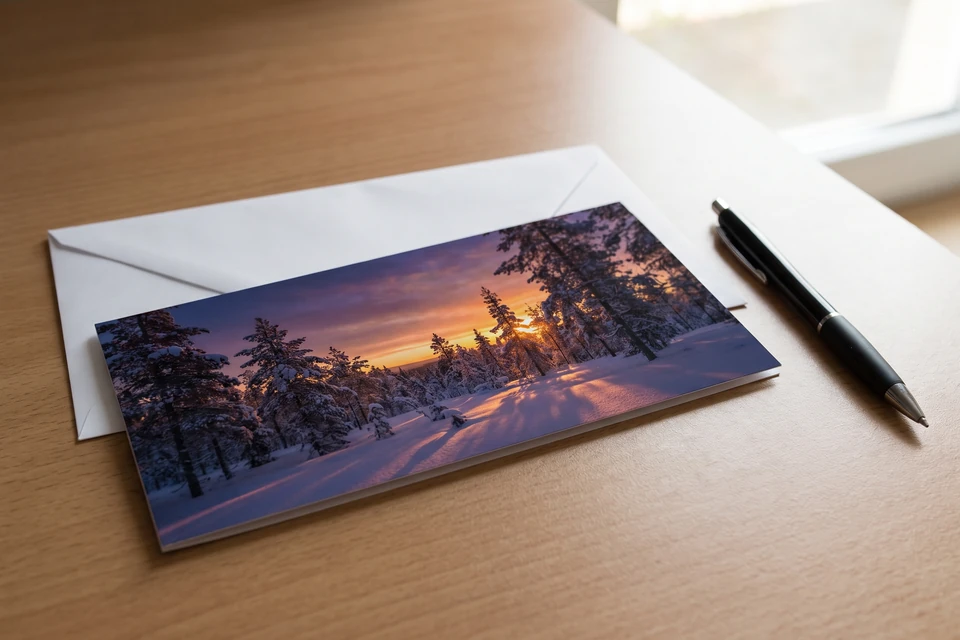 Fotogrußkarte mit Wintermotiv auf einem Schreibtisch