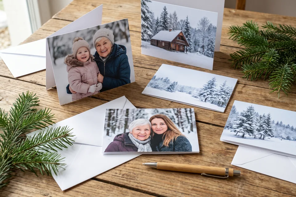 Weihnachtskarten mit Foto auf einem Tisch mit Umschlägen