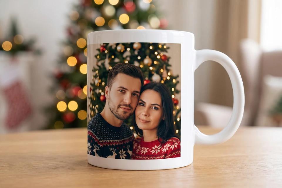 Keramik-Fototasse mit Paarfoto vor einem Weihnachtsbaum