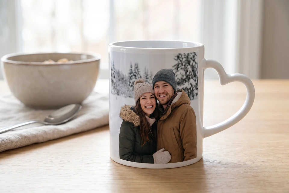 Herztasse mit Paarfoto auf einem Frühstückstisch