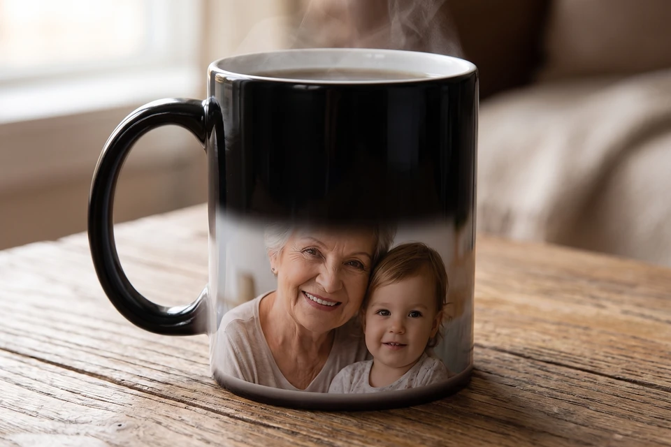 Zaubertasse mit erscheinendem Familienfoto