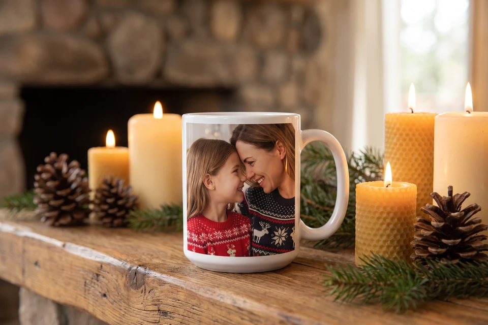 Fototasse mit Foto von Mutter und Tochter auf einem Kaminsims