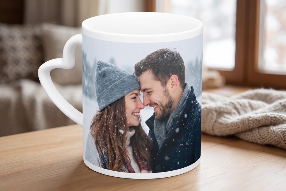 Herztasse mit Paarfoto im Schnee