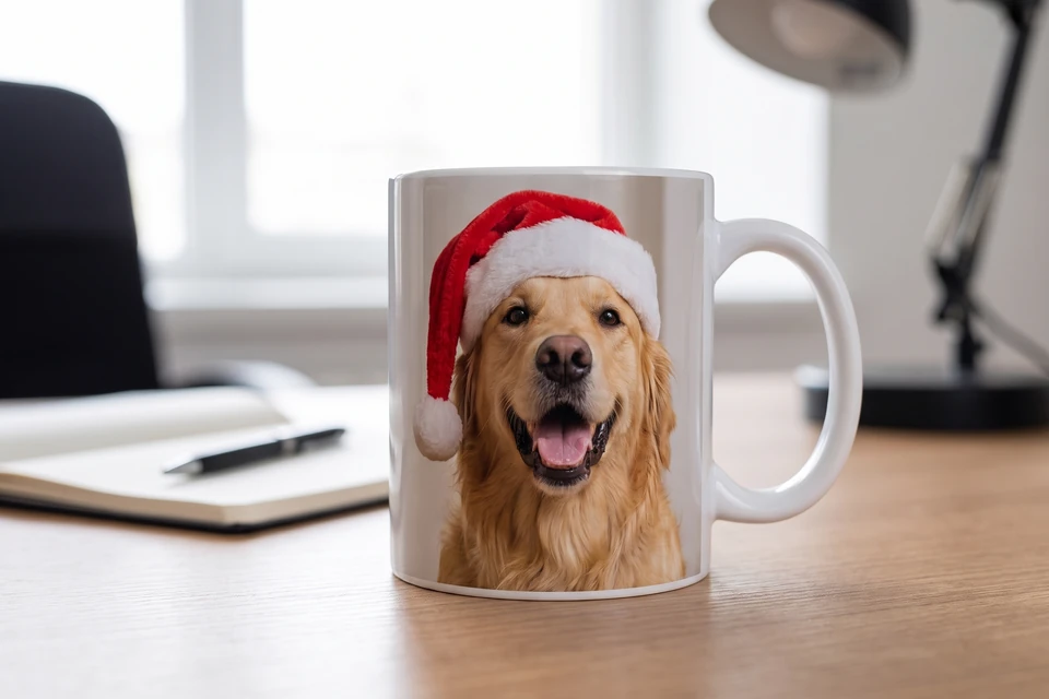 Fototasse mit lustigem Hundefoto im Büro