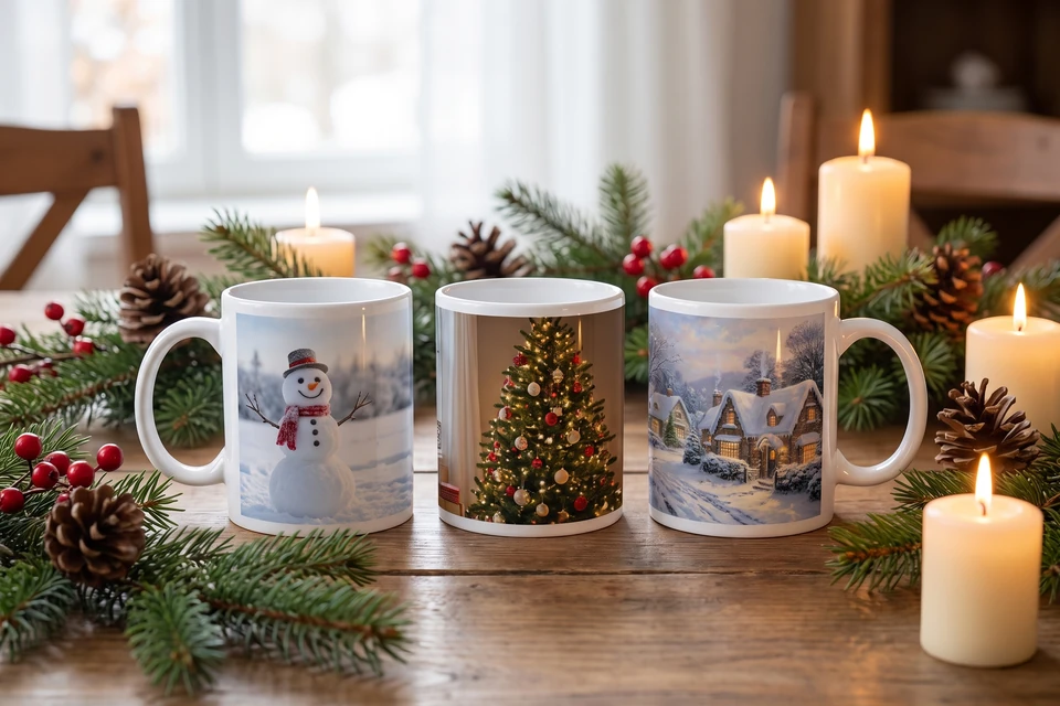Weihnachtstassen mit Foto auf einem gedeckten Weihnachtstisch