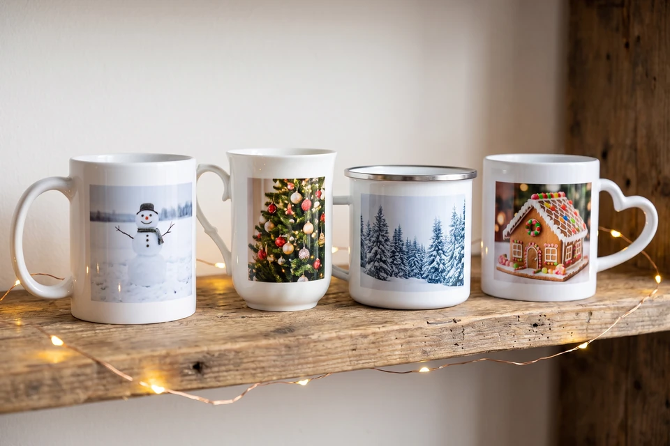 Vier Fototassen mit Wintermotiven nebeneinander auf einem Regal