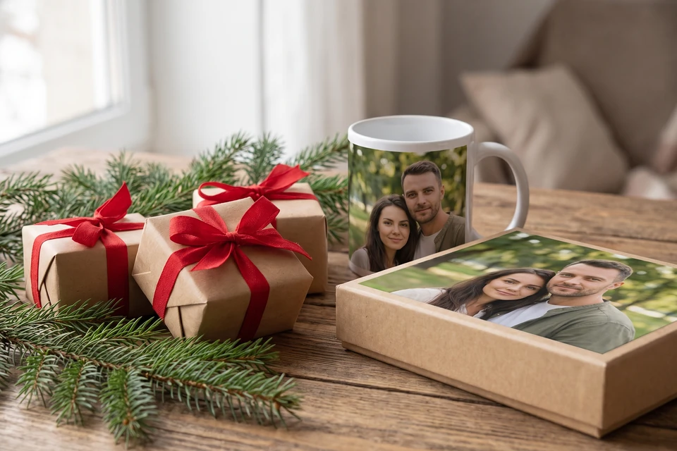 Verpackte Wichtelgeschenke mit Fototasse und Puzzle