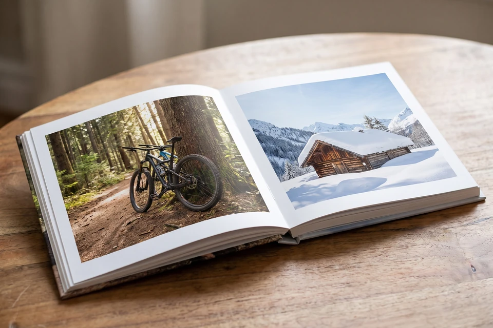 Kleines Fotobuch mit Fotos von Mountainbikes und einer Winterhütte