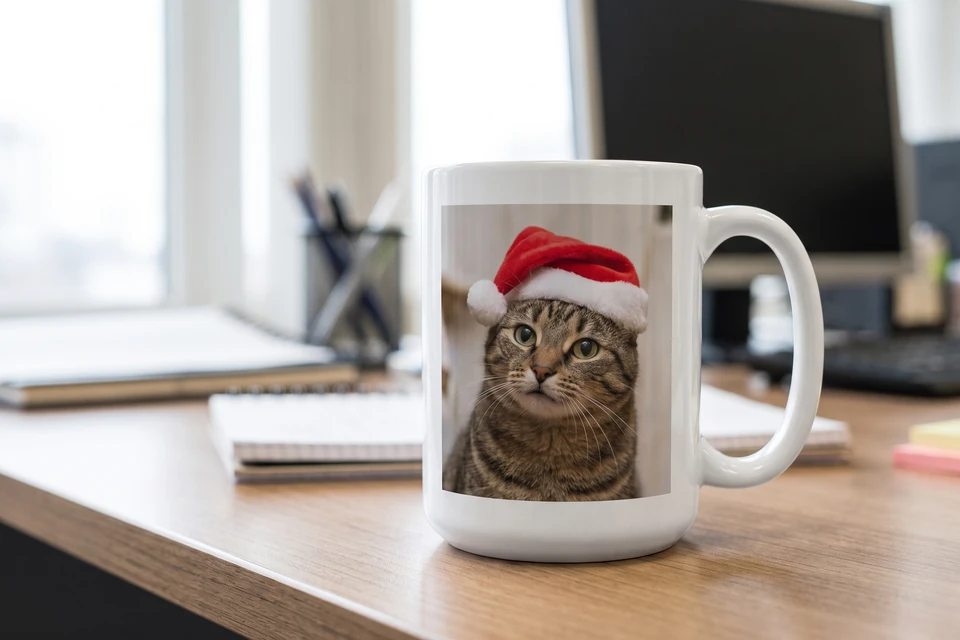 Fototasse mit lustigem Katzenfoto im Büro
