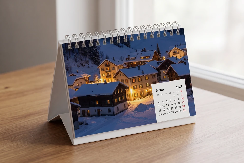 Tischkalender mit Winterfoto auf einem Schreibtisch