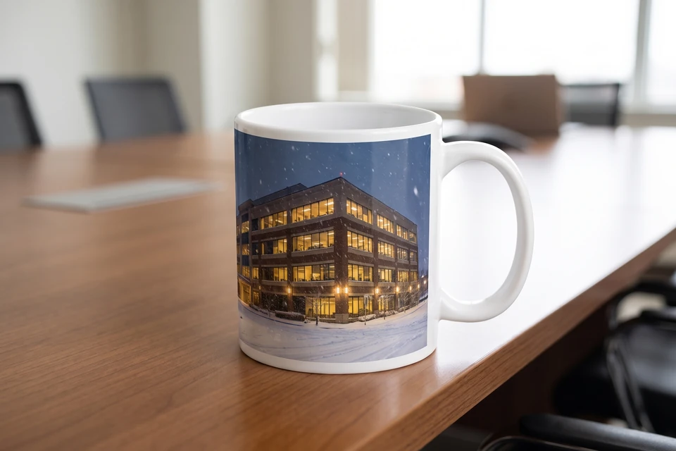 Fototasse mit Foto eines verschneiten Bürogebäudes