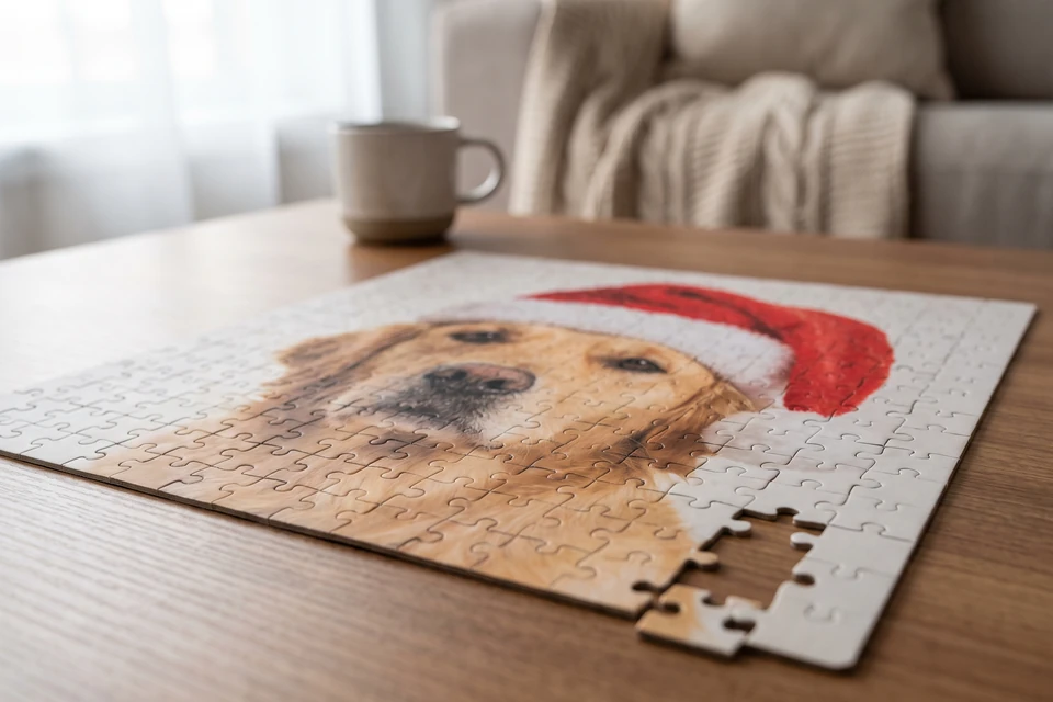 Fotopuzzle mit Foto eines Hundes mit Weihnachtsmütze