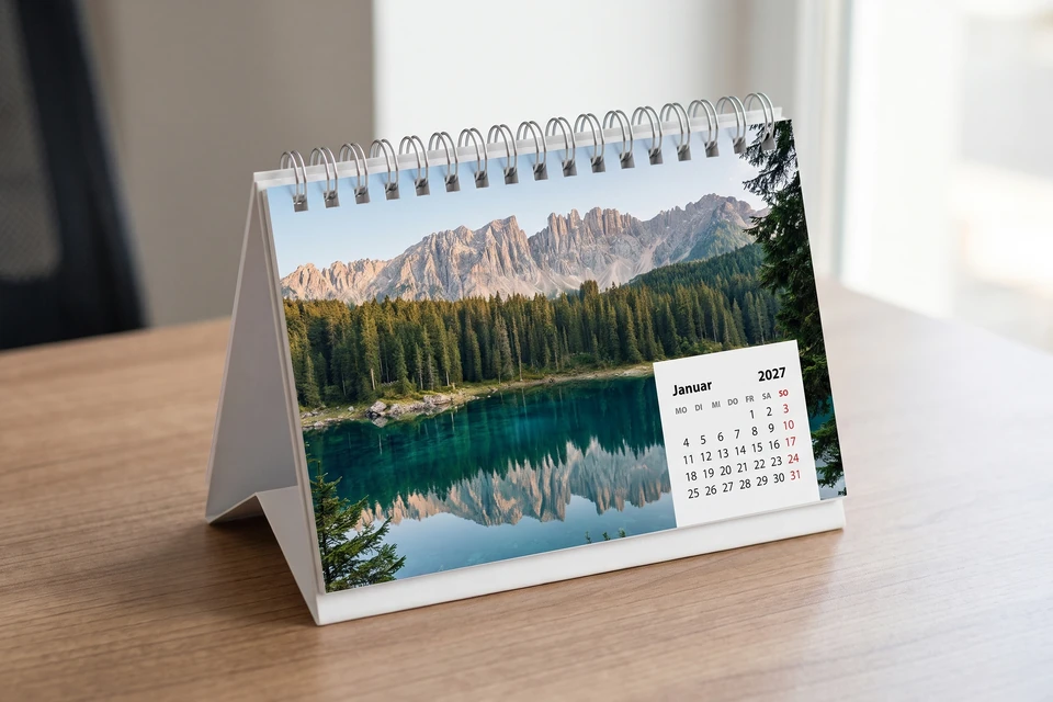 Tischkalender mit Foto eines Bergsees im Büro