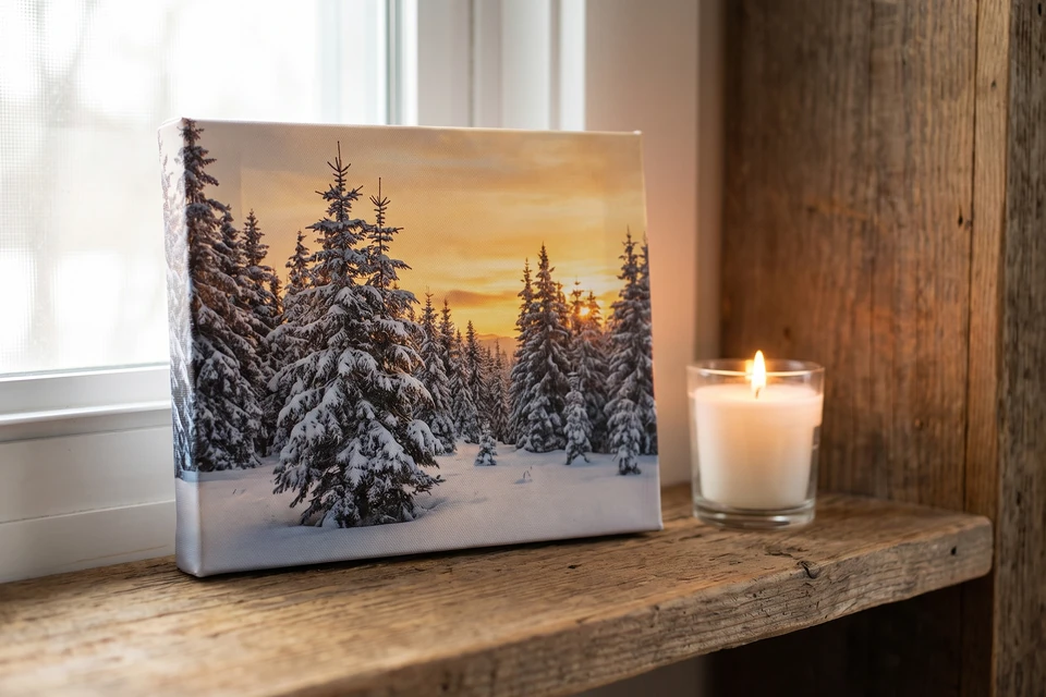 Kleine Leinwand mit Winterfoto auf einem Regal