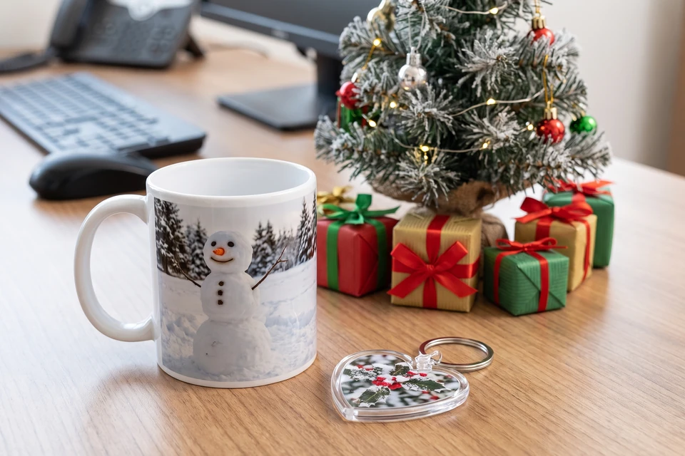 Wichtelgeschenke mit Foto unter einem kleinen Weihnachtsbaum im Büro