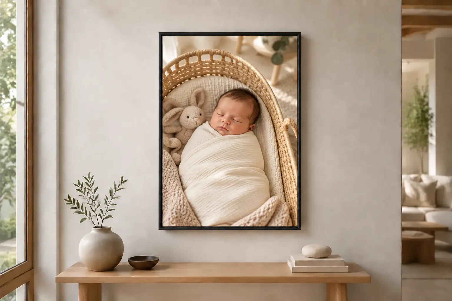 Fotoleinwand fürs Babyzimmer im Premium-Schattenfugenrahmen, Motiv mit schlafendem Neugeborenen im Korbbettchen