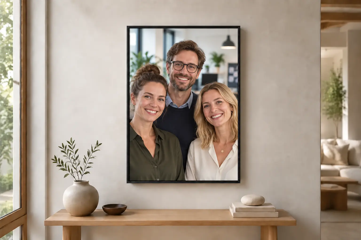 Fotoleinwand fürs Büro im Premium-Schattenfugenrahmen, Motiv mit dreiköpfigem Team im Großraumbüro