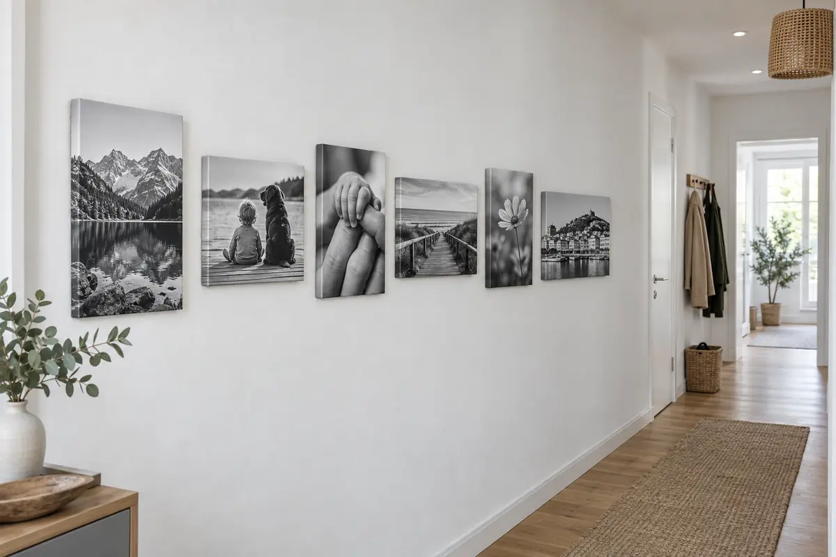 Sechs Fotoleinwände als Bilderwand im Flur, schwarzweiß und gemischt hoch und quer