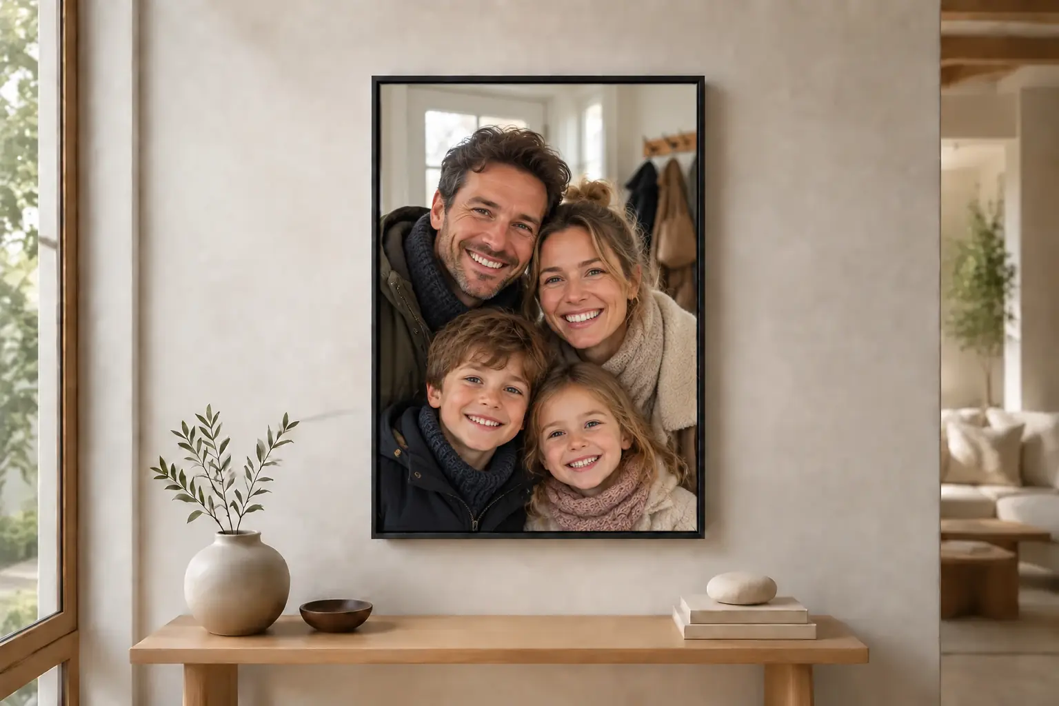 Fotoleinwand für den Flur im Premium-Schattenfugenrahmen, Motiv mit Familie in Wintermänteln an der Garderobe