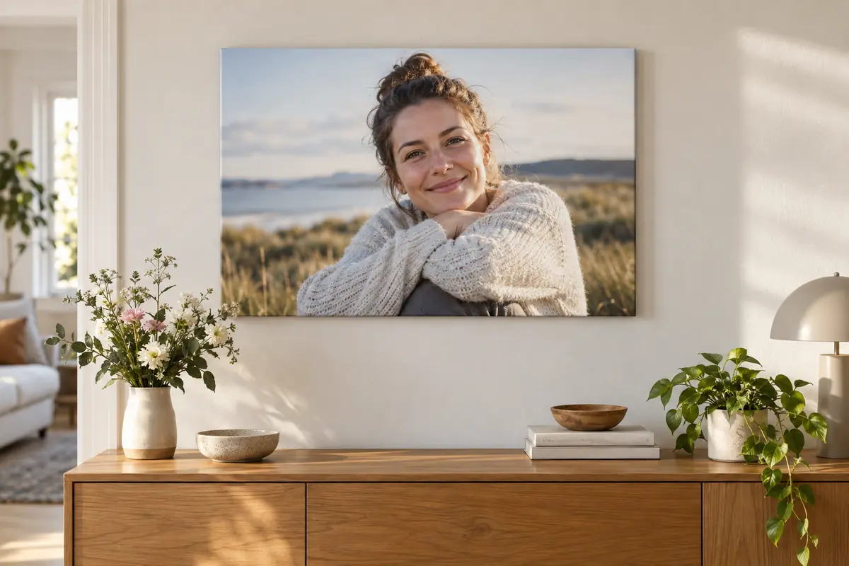 Foto auf Leinwand zum Geburtstag mit Porträt über einem Sideboard