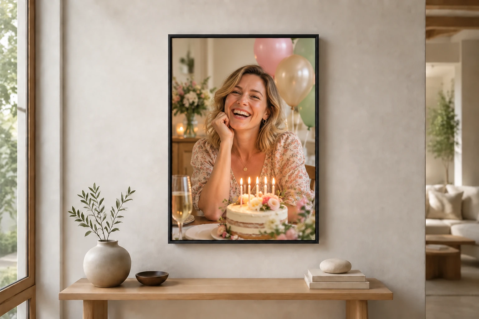 Fotoleinwand zum Geburtstag im schwarzen Premium-Schattenfugenrahmen, Hochformat an der Wand