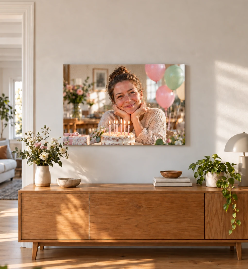 Fotoleinwand zum Geburtstag über einem Eichen-Sideboard, Motiv mit Geburtstagstorte, Kerzen und Luftballons